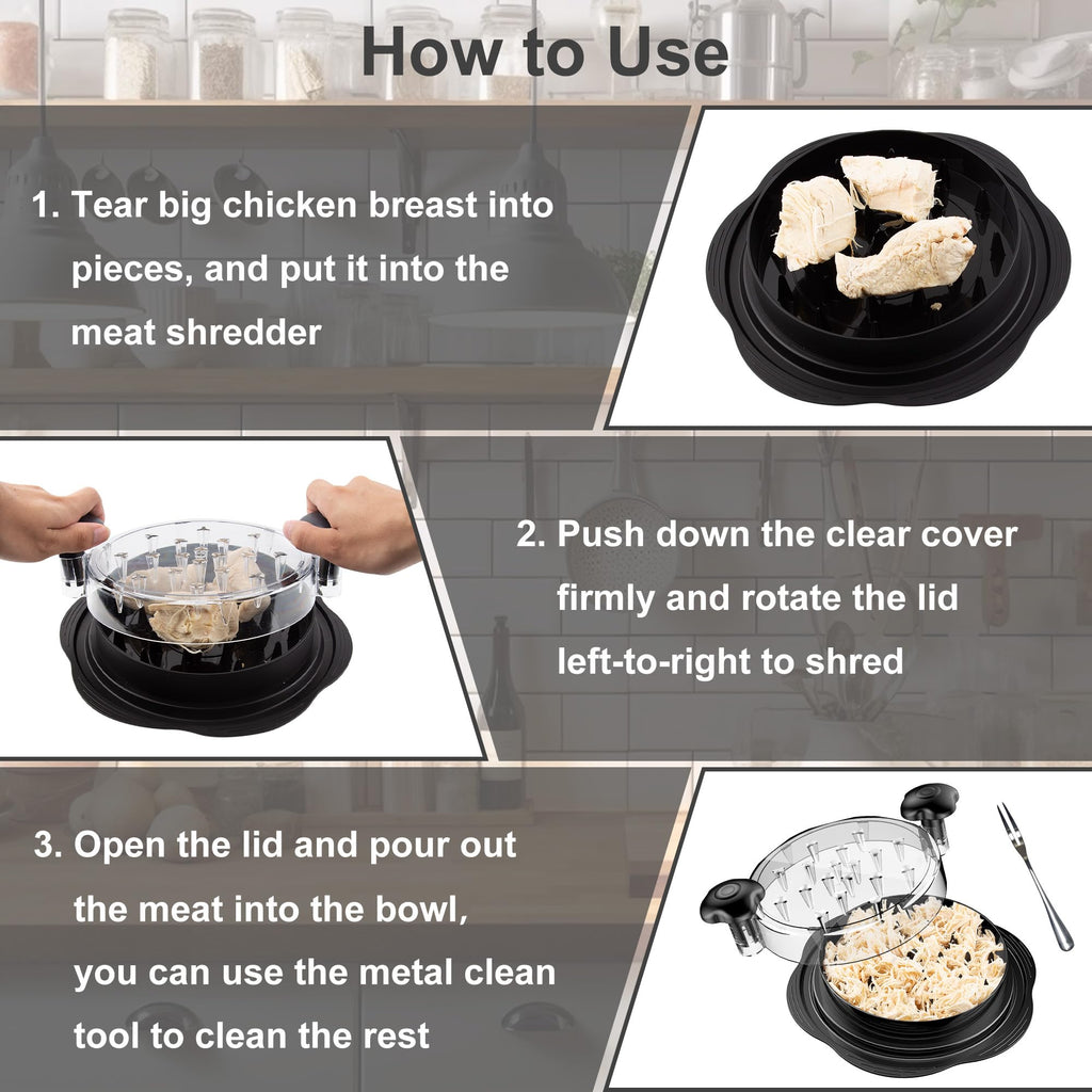 Chicken Shredder Tool Twist Large Chicken Breast Shredder with Brush&Fork, Visible Meat Shredder Machine, Strong Anti-Slip Strip, Ergonomic Handle, BPA Free, Suitable for Pork Beef Chicken (Black)