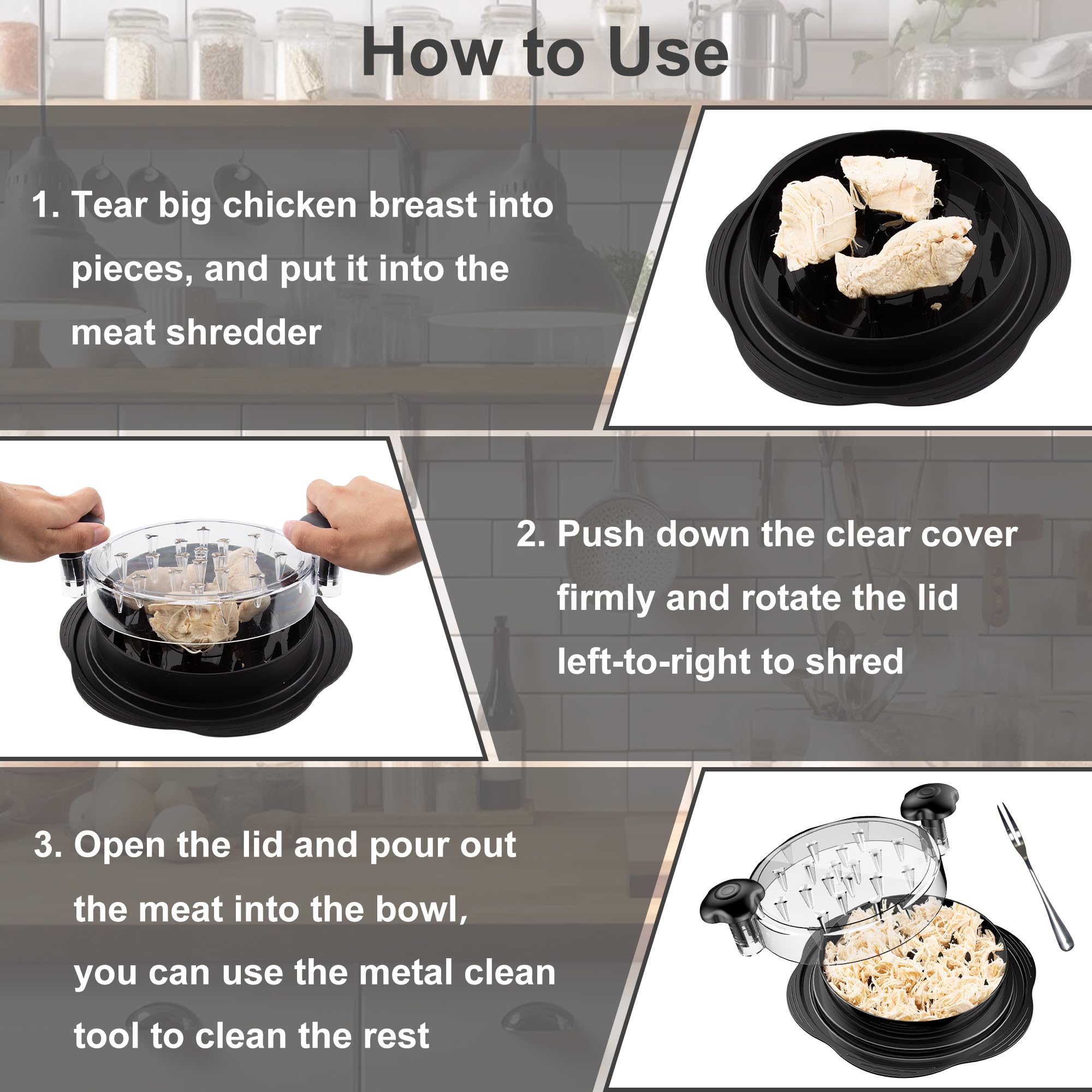 Chicken Shredder Tool Twist Large Chicken Breast Shredder with Brush&Fork, Visible Meat Shredder Machine, Strong Anti-Slip Strip, Ergonomic Handle, BPA Free, Suitable for Pork Beef Chicken (Black)