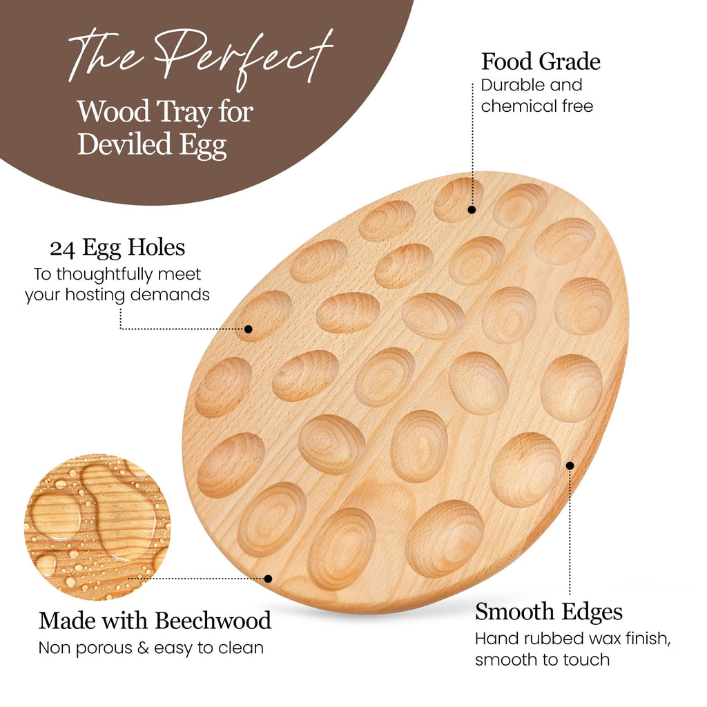 Namre' Wooden Deviled Egg Tray 24 Holes, 15 x 12in - Reversible Deviled Egg Platter & Charcuterie Board - Premium Quality Beechwood Deviled Egg Holder Ideal for Easter - Cutting Board Serving Tray
