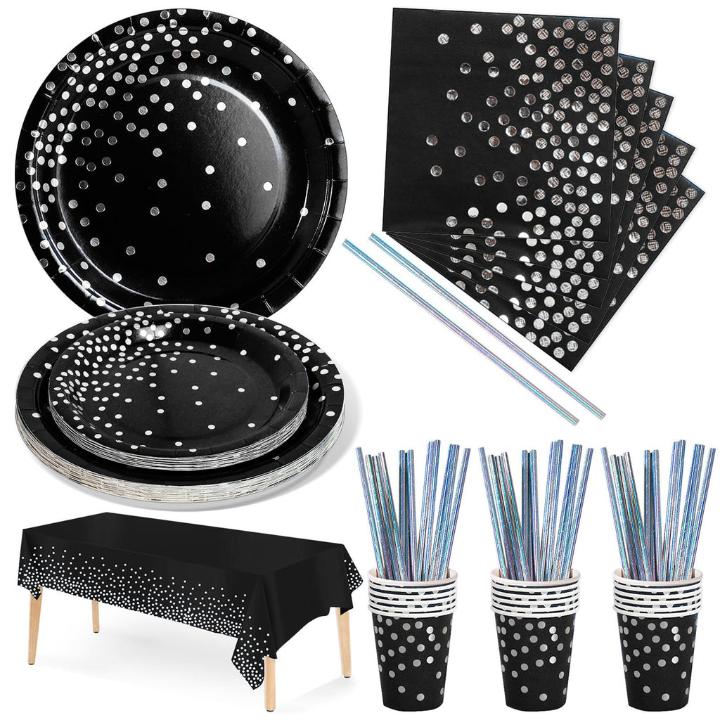 Nkaiso Paper Plates Napkins Cups Set, 126 Piece Black and Silver Paper Tableware Set Includes Birthday Paper Plates Napkins Cups Straws for Wedding Shower Engagement Wedding Birthday-25 Guests