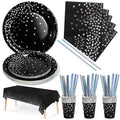 Nkaiso Paper Plates Napkins Cups Set, 126 Piece Black and Silver Paper Tableware Set Includes Birthday Paper Plates Napkins Cups Straws for Wedding Shower Engagement Wedding Birthday-25 Guests