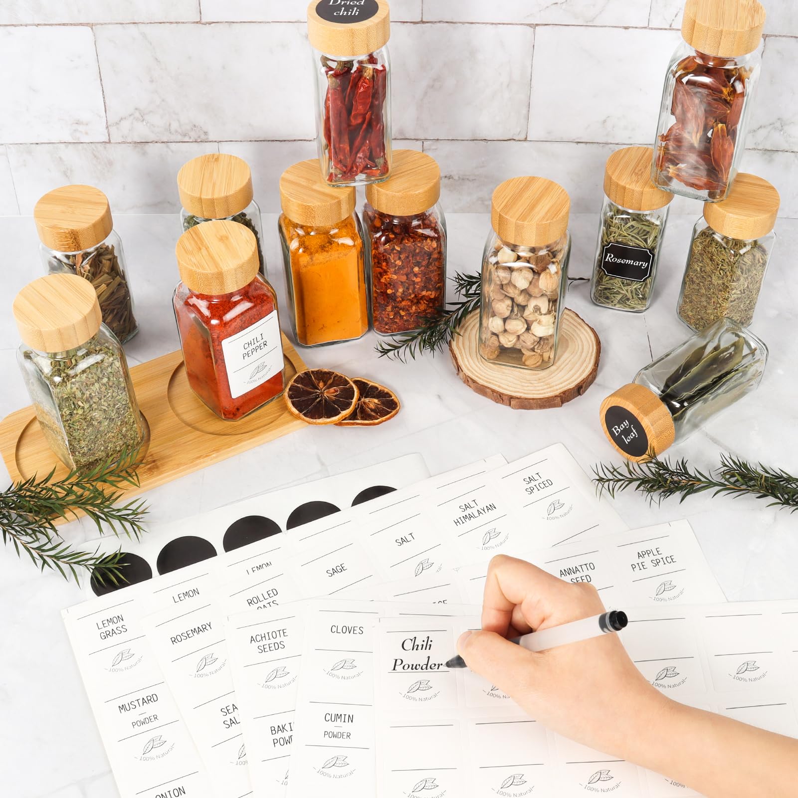16 Pack 4oz Glass Spice Jars with Bamboo Lids,Clear Square Spice Containers Bottles with Shaker Lids,120 Spice Labels,1 Funnel and 1 Brush for Kitchen Storage