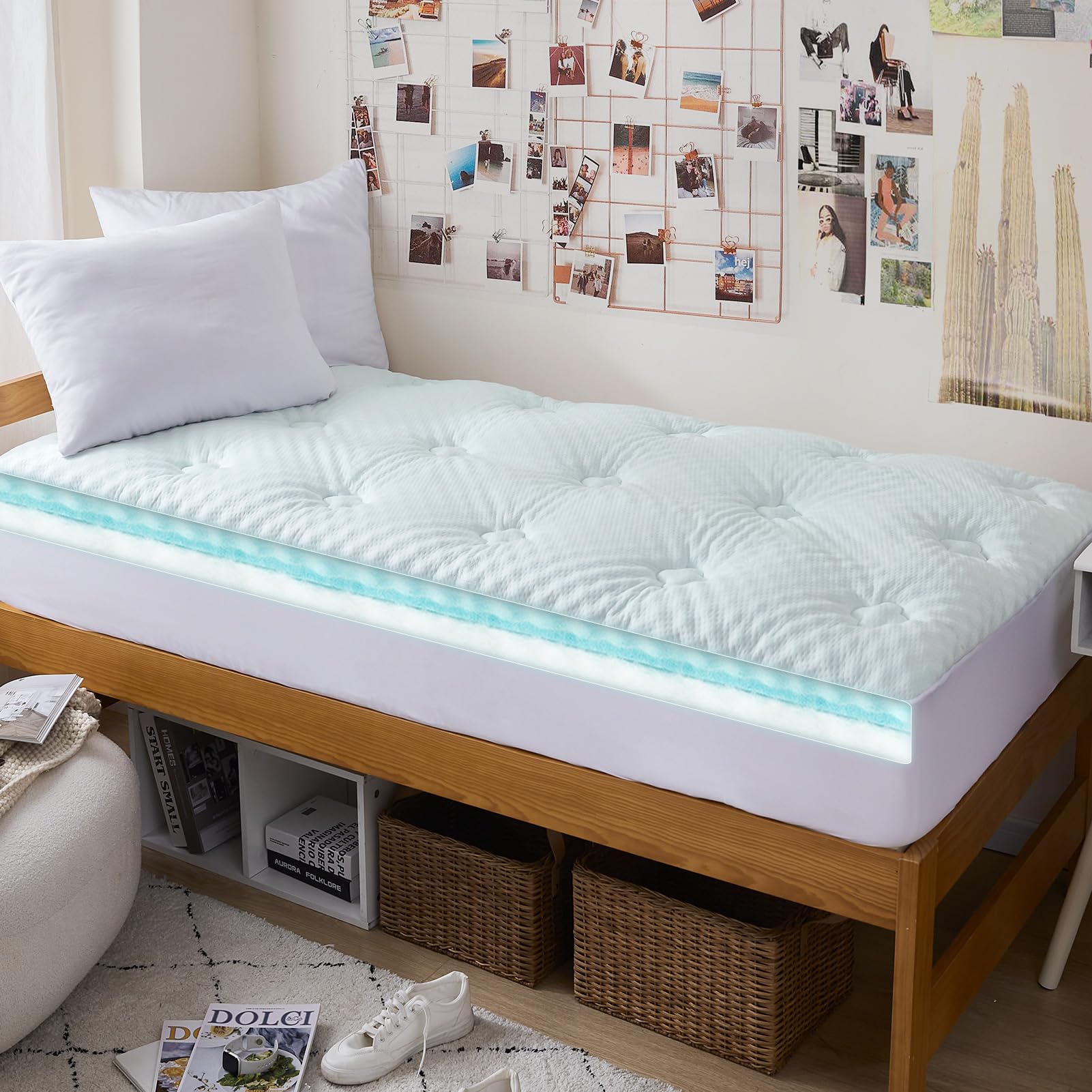 Hansleep Memory Foam Mattress Pad Twin XL, Twin XL Mattress Topper for College Dorm, Fluffy Mattress Pad with Deep Pocket, Breathable Air Mattress Topper Cover, White, 39x80 Inches