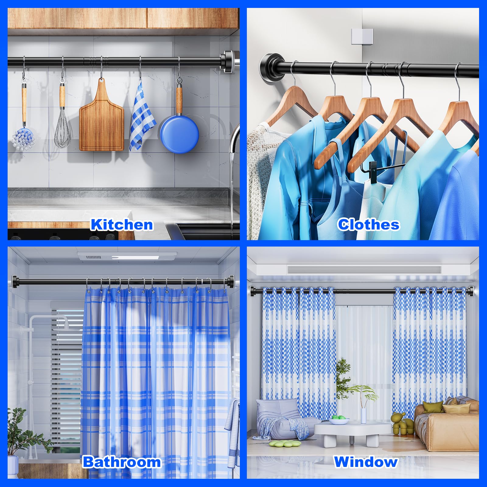 Ausemku Shower Curtain Rod Tension - 26-76 Inch Never Rust Non-Slip Spring Tension Curtain Rod No Drilling Stainless Steel Curtain Rod Use Bathroom Kitchen（Black）