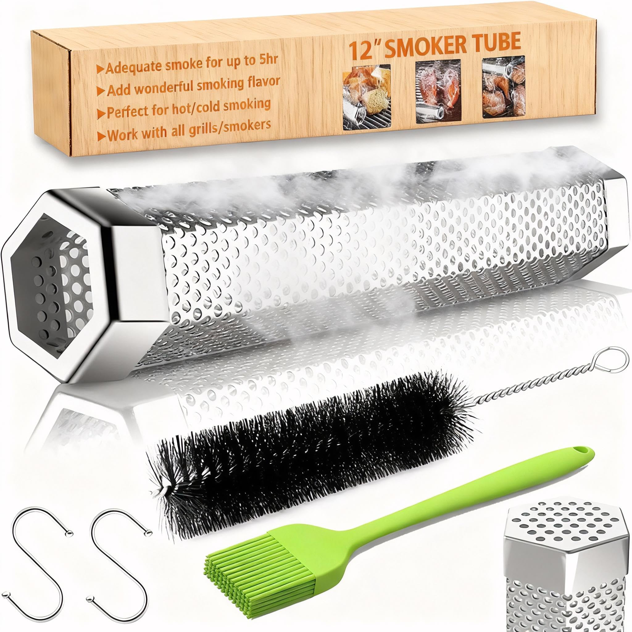 Smoke Tube for Pellet Smoker, 12'' Stainless Steel Pellet Smoker Tube for Cold/Hot Smoking, 5 Hours of Billowing Smoke, Fits All Grill or Smoker, Improved Hexagon Design