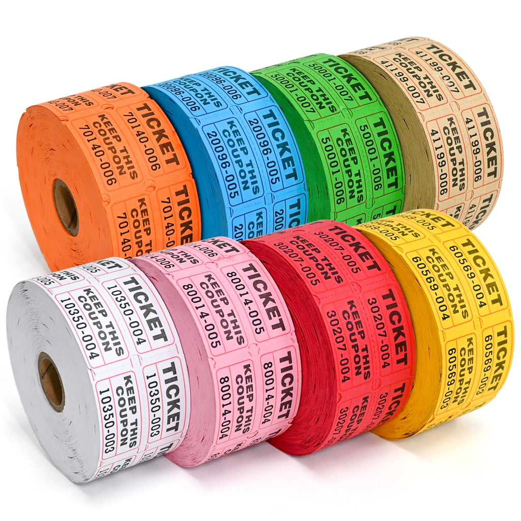 L LIKED 8000 Assorted Raffle Tickets with Consecutive Serial Numbers, 8 Rolls of 1000, 50/50 Raffle Tickets Double Roll for Events (Orange, Blue, Green, Brown, White, Pink, Red, Yellow)