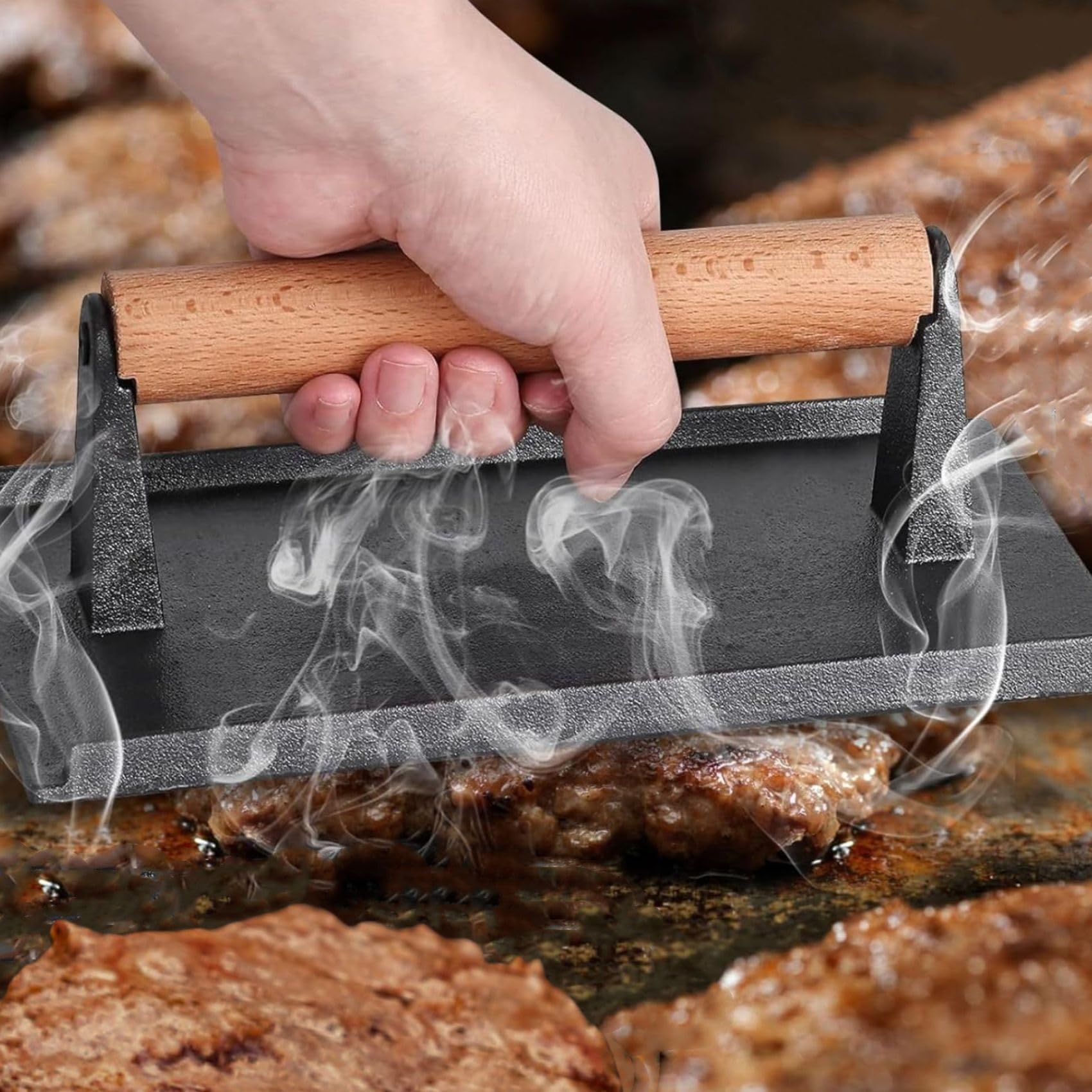 onlyfire Cast Iron Meat Press Grill Press with Wooden Handle, Great for Squeezing Fat from Meats, Flattening Bacon, Paninis, and Burgers