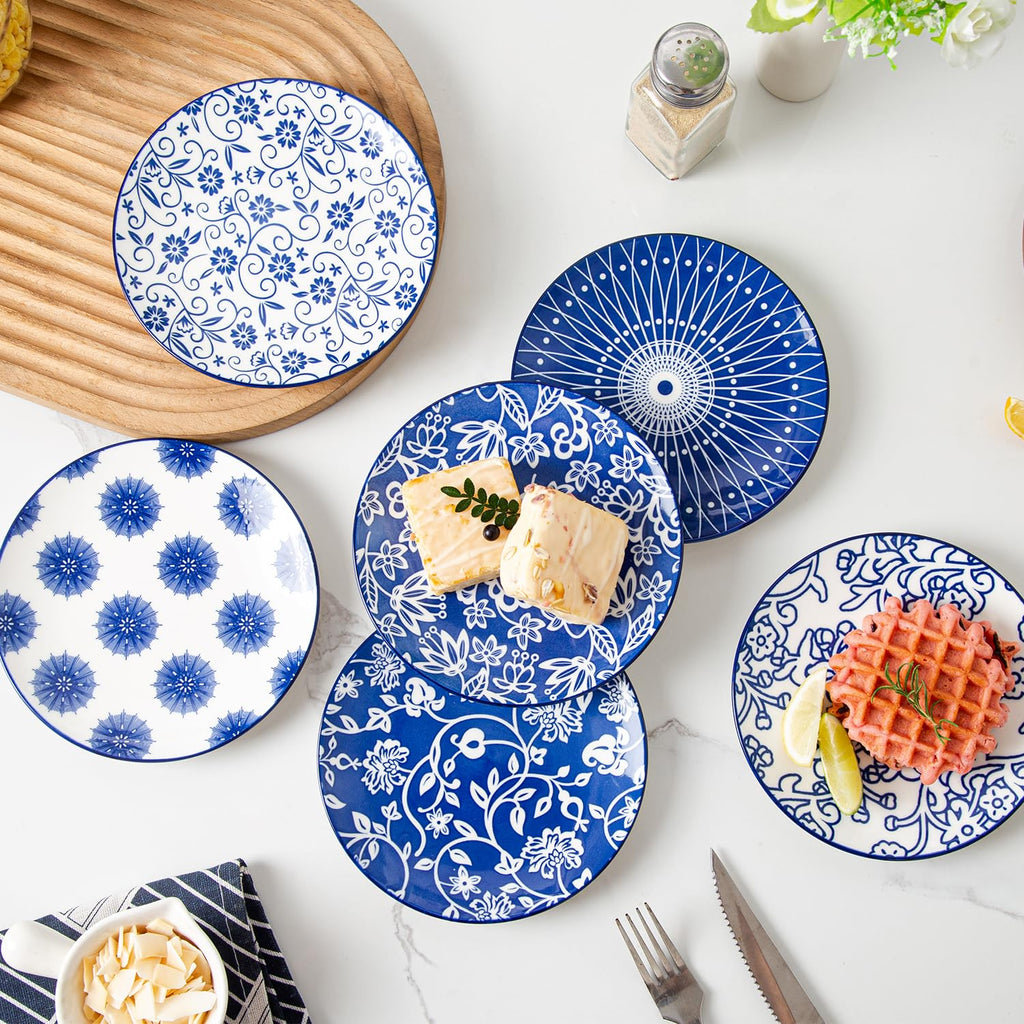 Cerkik Ceramic Dessert Plates Set - 6 Inch Mini Appetizer Plates for Kitchen - Small Salad Plate for Cake Snacks Side Dish, Microwave Dishwasher Safe, Gift, Vintage Blue