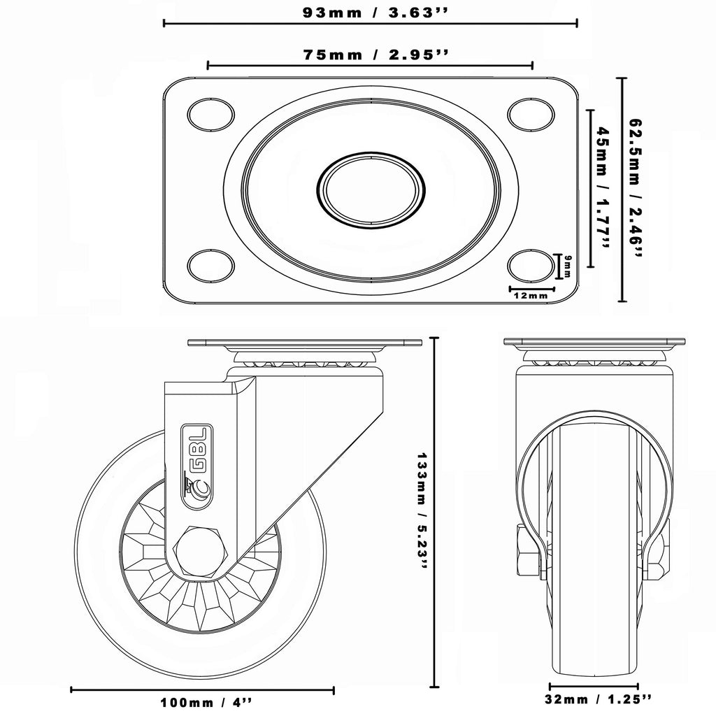 GBL 4" Heavy Duty Caster Wheels Without Brakes + Screws - up to 1320Lbs - Set of 4 No Floor Marks Silent Castor for Furniture - Rubbered Dolly Swivel Wheels - Silver Casters