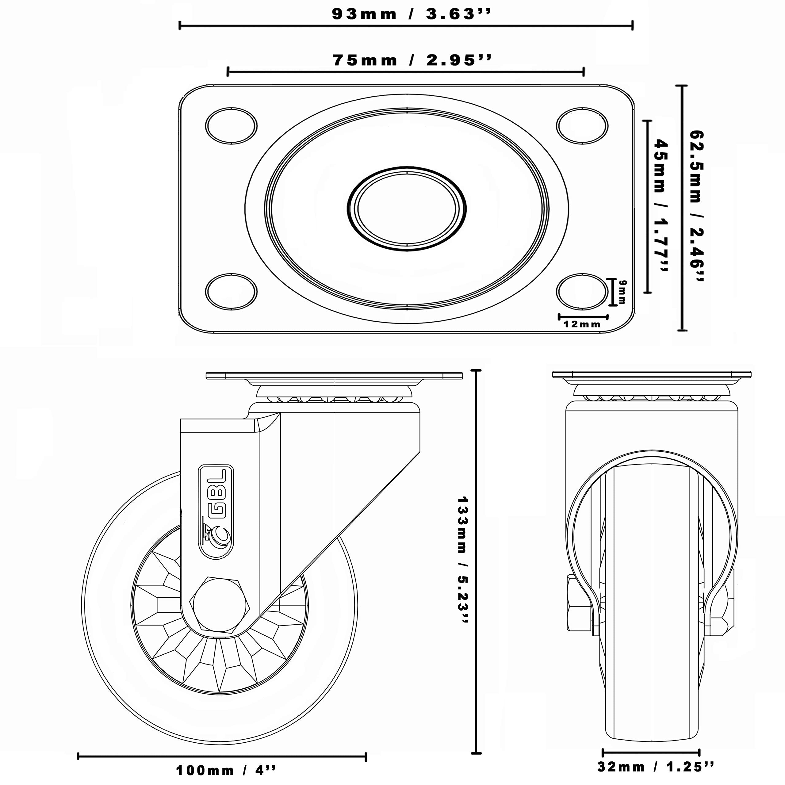 GBL 4" Heavy Duty Caster Wheels Without Brakes + Screws - up to 1320Lbs - Set of 4 No Floor Marks Silent Castor for Furniture - Rubbered Dolly Swivel Wheels - Silver Casters