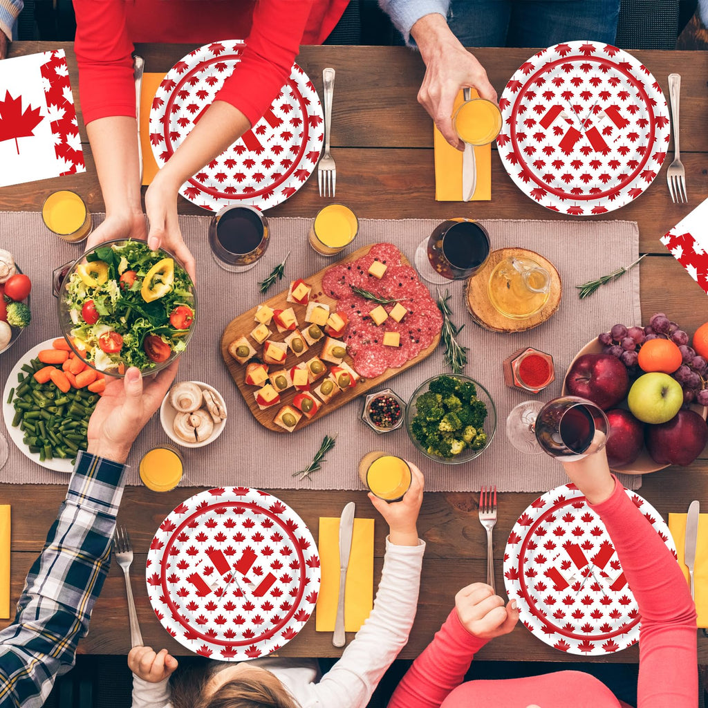 SINGOMON 96PCS Canadian Flag Plates and Cutlery Set Canada Day Dinnerware Set Dinner Plates Disposable Paper Plate Party Cups Paper Napkins for 1th of July Canadian National Day Canada Day Decorations