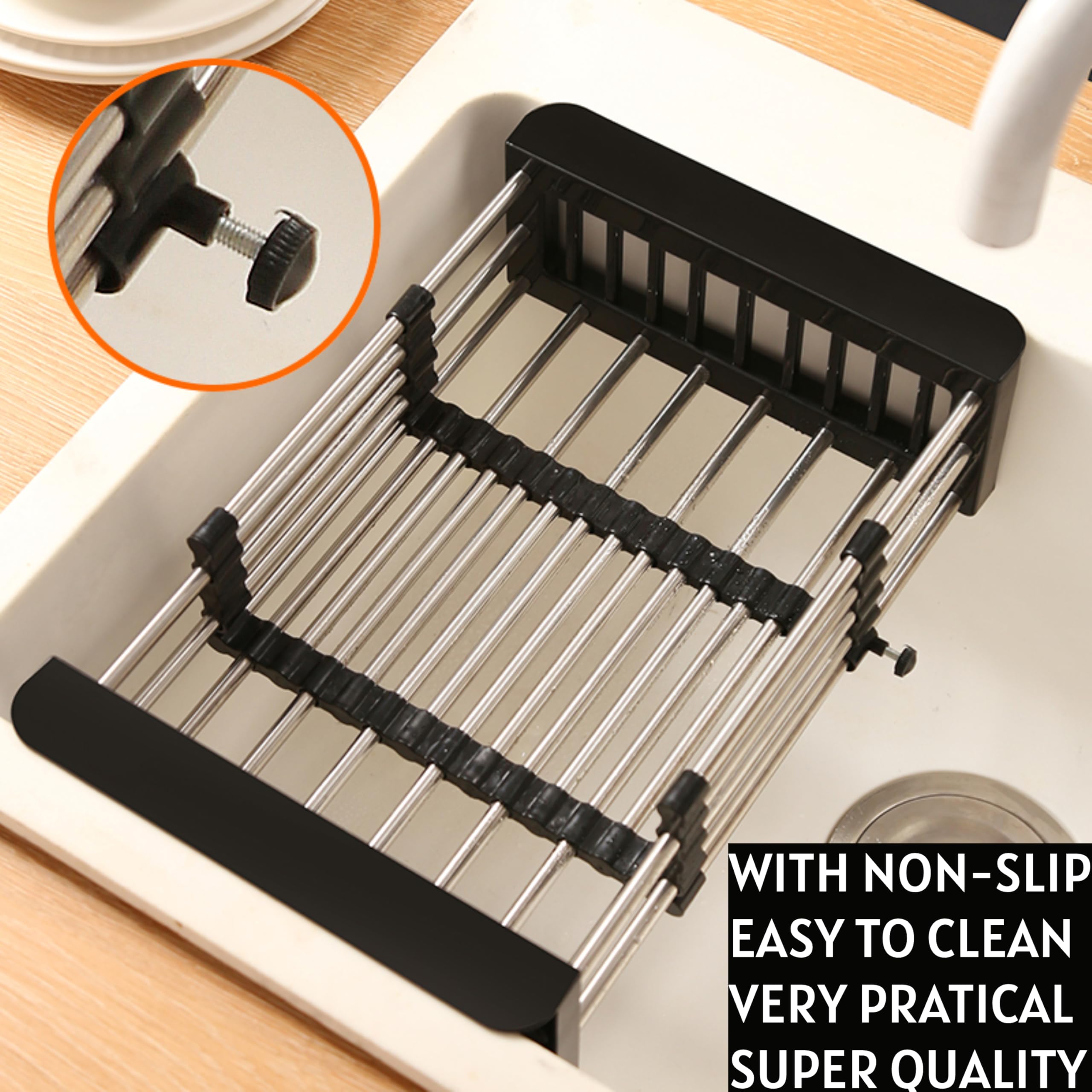 Over-Sink Dish Drying Rack, Expandable Stainless Steel, Non-Slip Kitchen Drainer