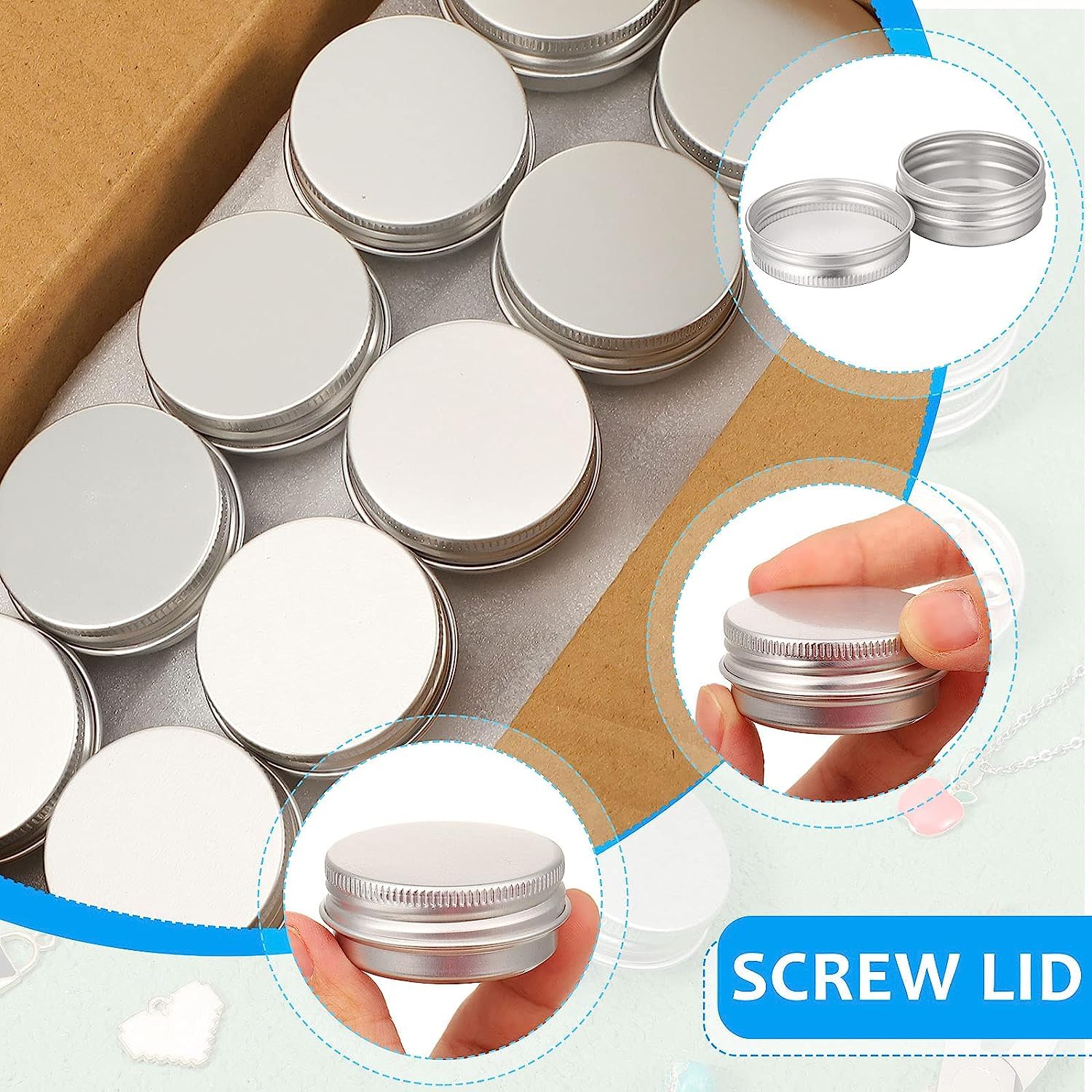 PLAZOTTA 60 Pack 0.5 OZ/15ML Aluminum Round Lip Balm Tin Containers with Screw Lid, Mini Metal Storage Travel Tins Silver Empty Tin Jars