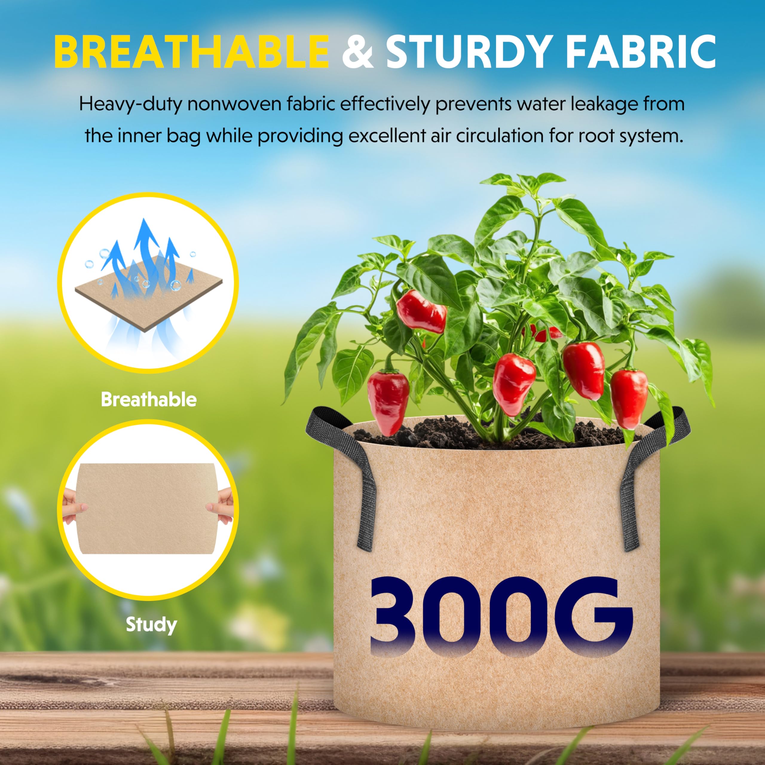 iPower 15 Gallon 5 Pack Grow Bags Nonwoven Fabric Pots Aeration Container with Strap Handles for Garden and Planting, Tan