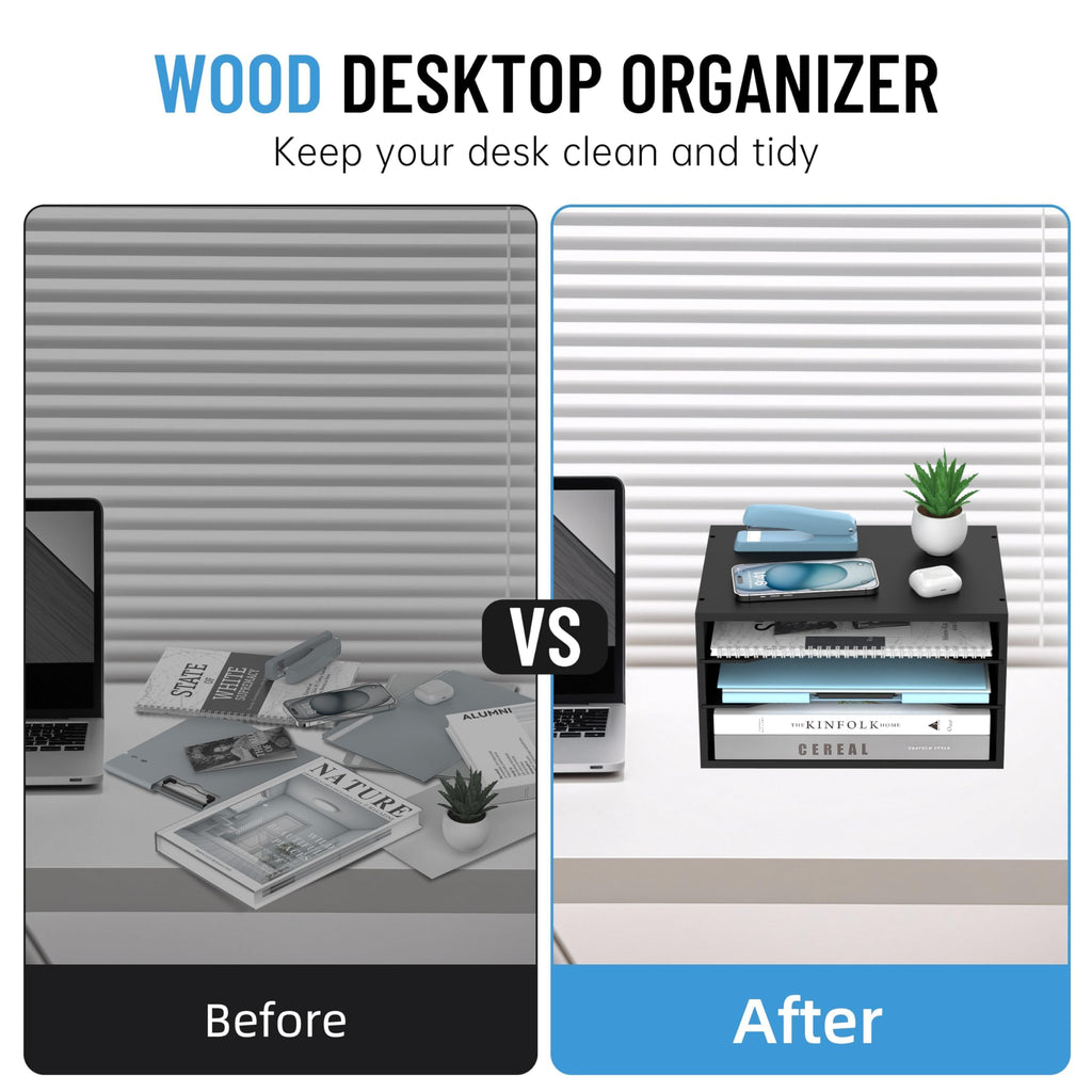 SHARKWOODS Wood Desk Organizer, 3 Tier Paper Sorter for Desktop with Adjustable Storage Shelves, Desktop Mail Holder for Office Home Classroom, Black