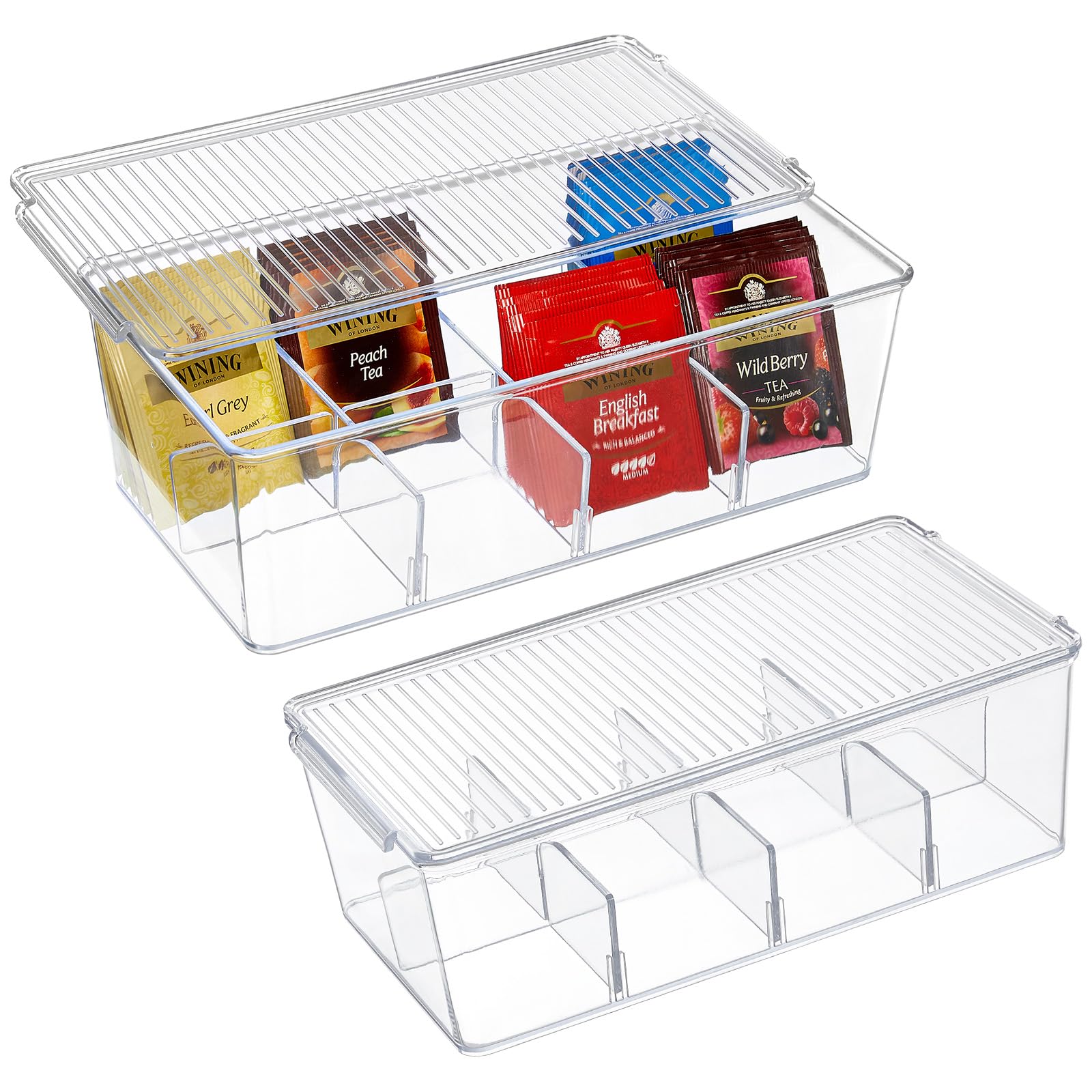Lifewit 2 Pack Plastic Stackable Tea Bag Organizer, Divided Storage Bin Box for Kitchen Cabinets, Countertops, Pantry, Hold Coffee Pods, Sugar Packets, Condiments, 8 Sections