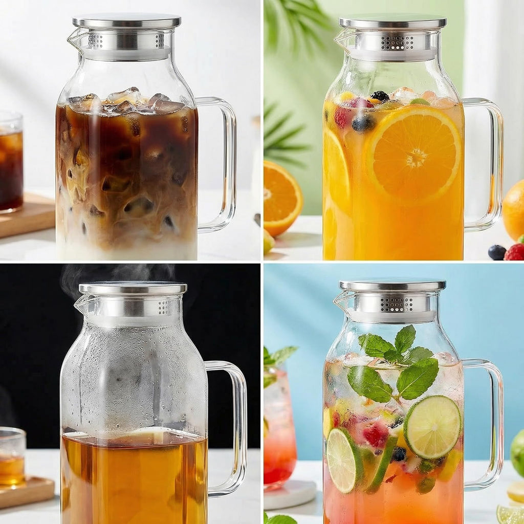SYDALARAW Glass Water Pitcher, 2 Liter/68 oz Square Glass Pitcher with Lid and Handle, Clear Heat Resistant Glass Water Jug Carafe Juice Container for Hot Tea, Cold Brew and Milk