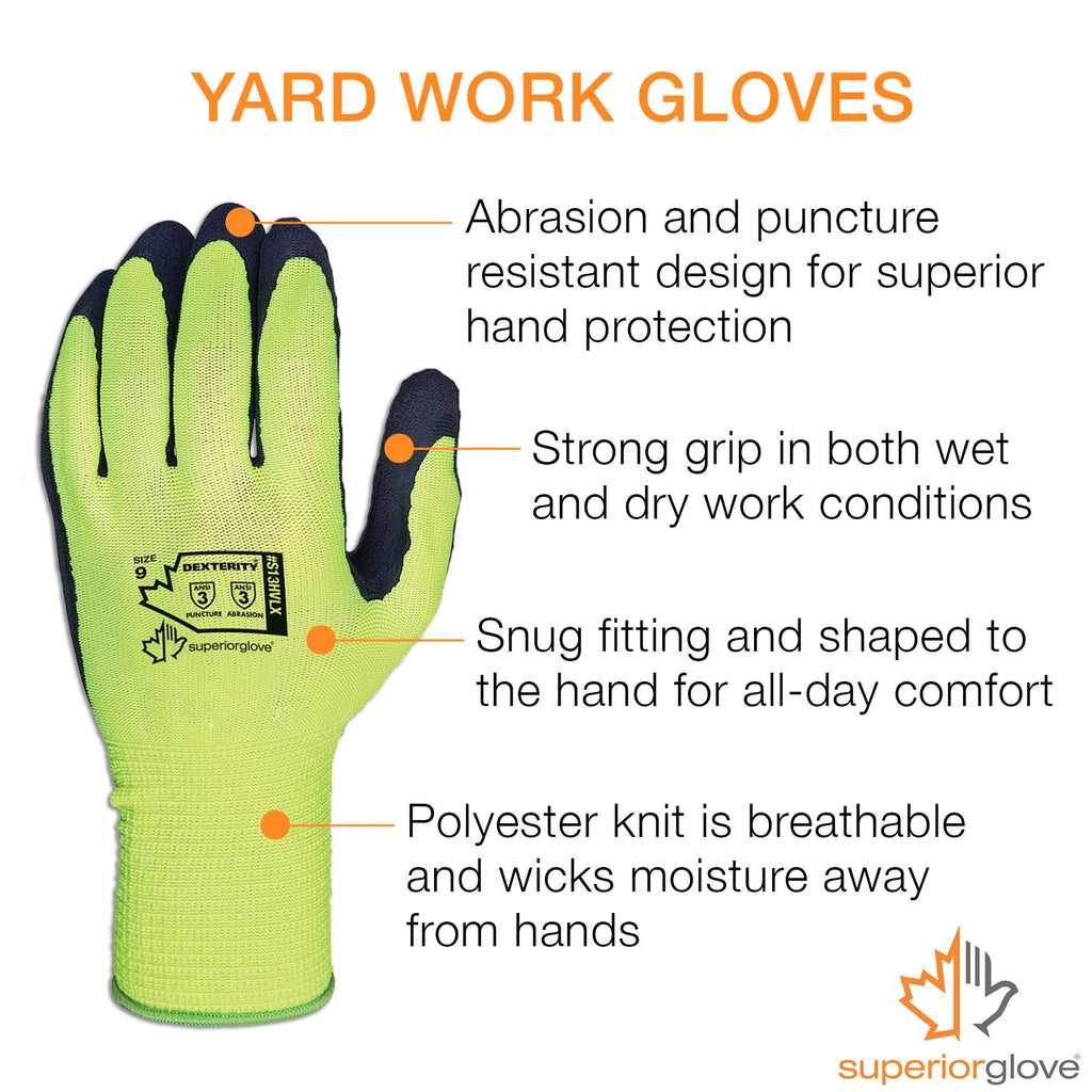 Superior Gardening Gloves 3-Pack for Landscaping and Yard Work - Rose Pruning Gloves with Moisture Wicking (High Visibility Color) S13HVL (Large)