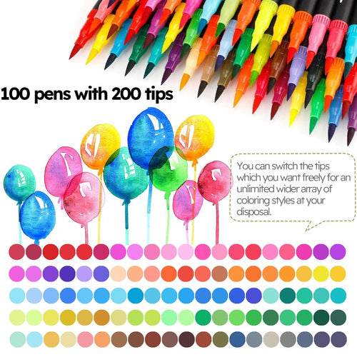100 Colors colouring markers, Dual Tips Brush Markers for adult coloring books, fine tip markers and felt tip pens for Drawing, Beginner Lettering, Bullet Journal, Scrapbooking, Calligraphy, Craft