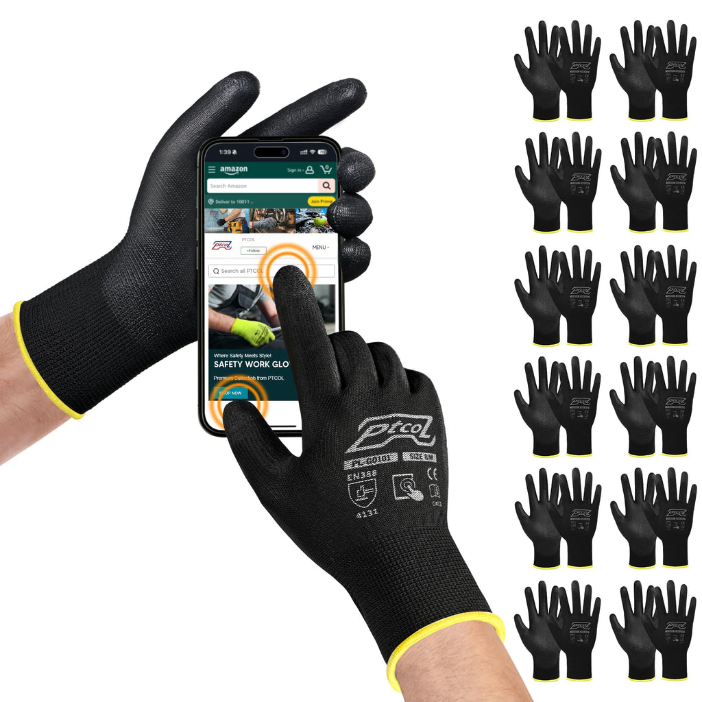 PTCOL PU Coated Work Gloves -12 Pairs Bulk Pack, Excellent Grip, Seamless Knit Nylon Safety Gloves with Polyurethane Coated for Touchscreen, Lightweight, Ideal for Light Duty Work (Large)