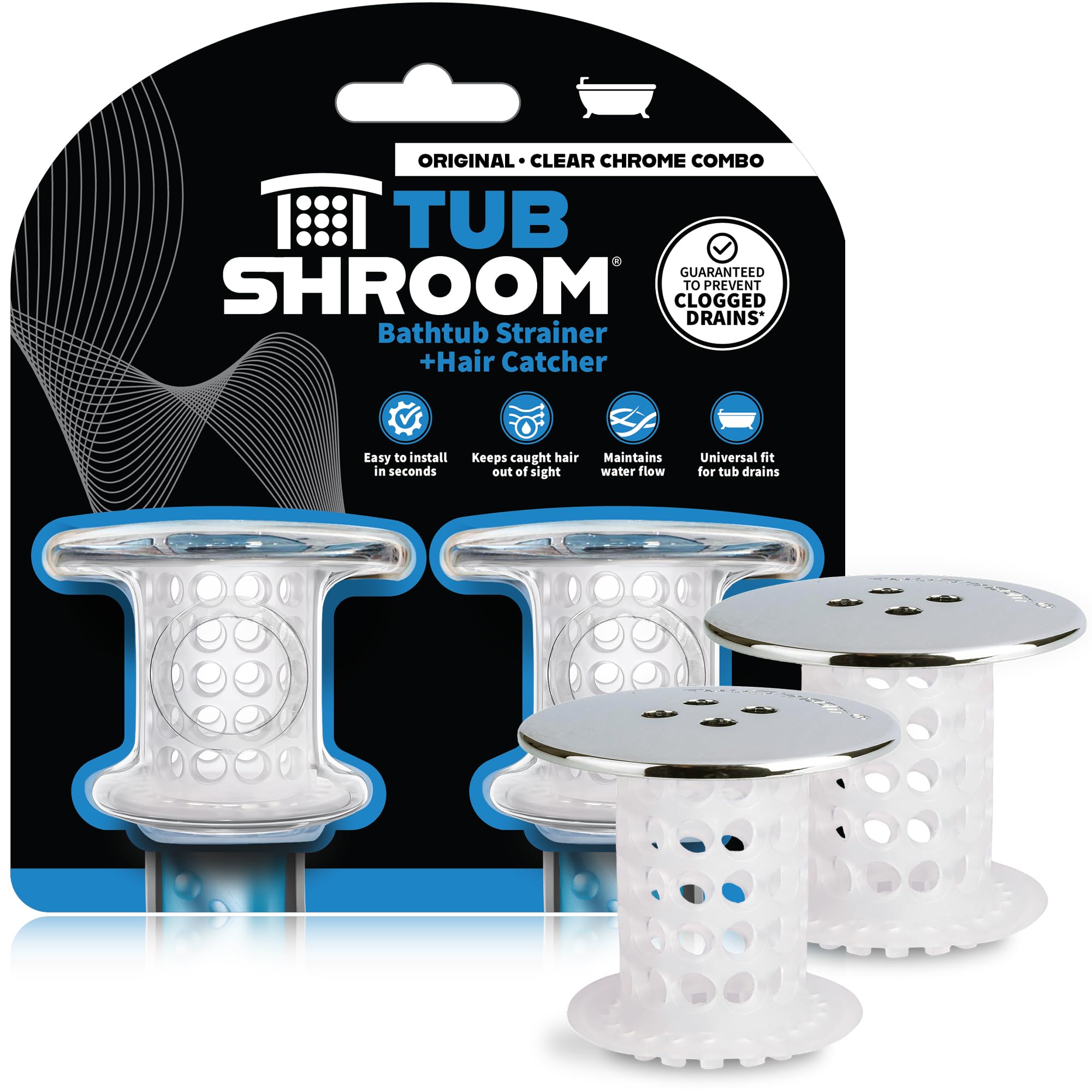 TubShroom Chrome Edition Revolutionary Tub Drain Protector Hair Catcher, Strainer, Snare, 2 Pack Chrome 2 Pack