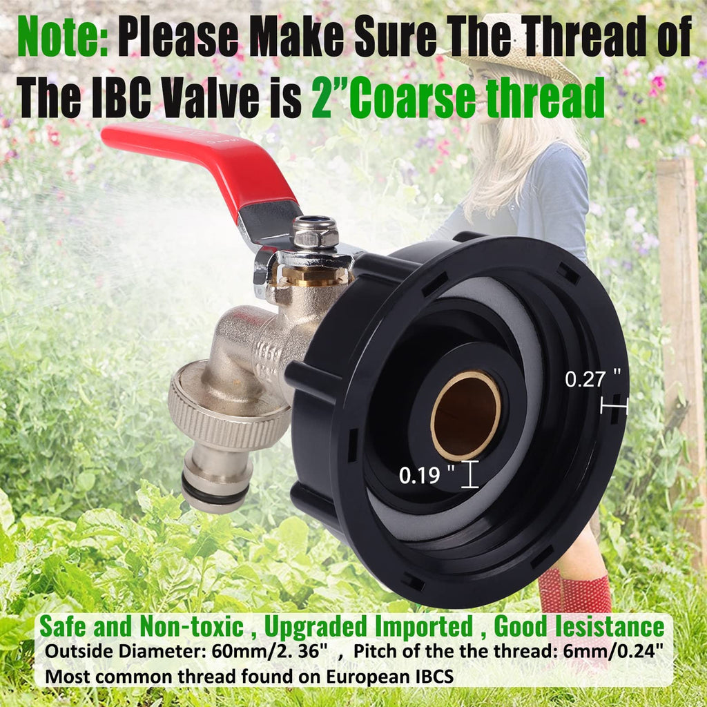1/2" Leakproof Brass IBC Tote Fittings - Winterizing IBC Tote Adapter IBC 2" Coarse Thread Tote Valve for 275-330 Gallon Water Tank Garden Hose Connector Replace Valve Fitting