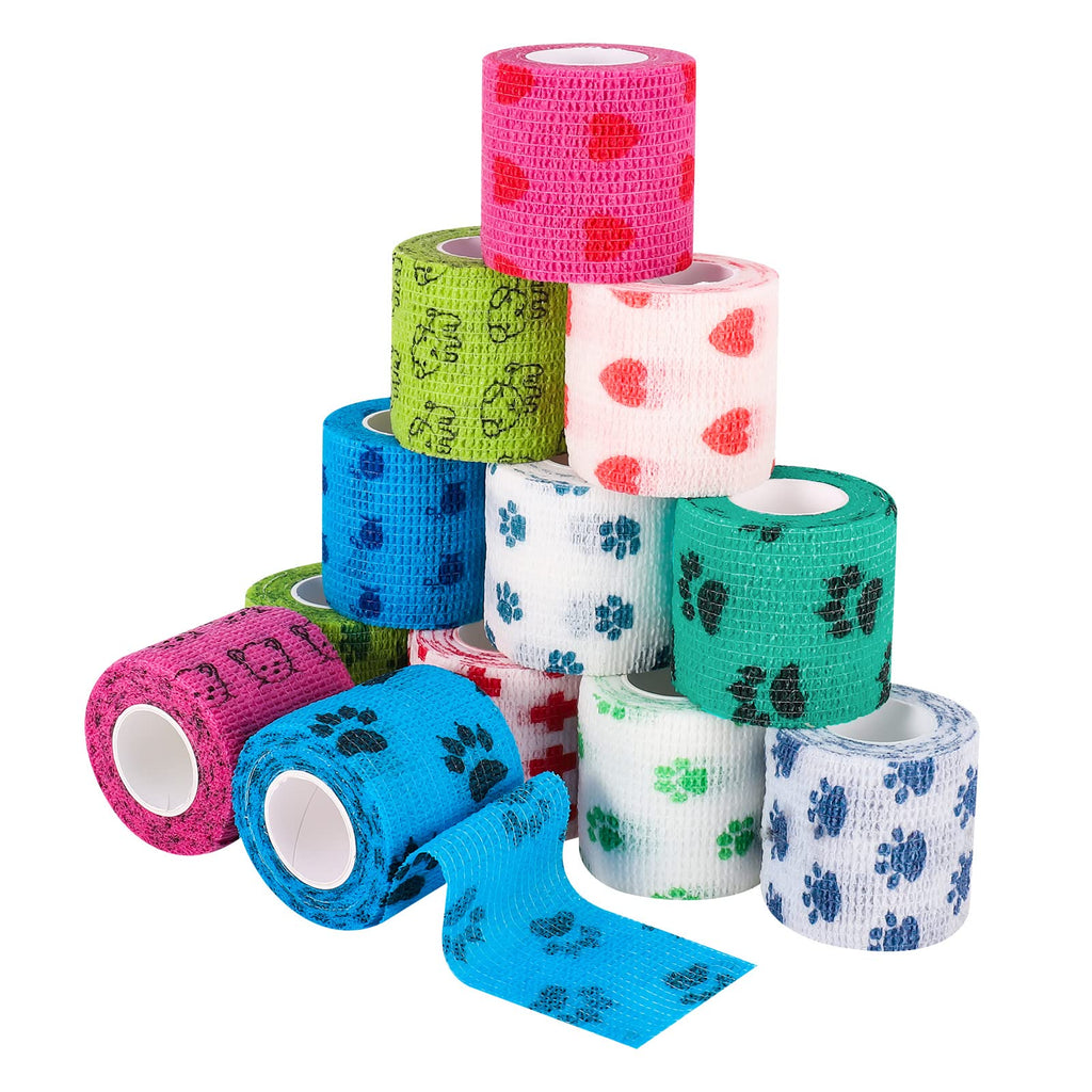 FANKUTOYS 12 Rolls Pet Self Adhesive Bandage, Pet Vet Wrap Tape Elastic Bandages 2" x 5 yd Non-Woven Cohesive Gauze Rolls for Dog Cat Animals Sport Wrist Healing Ankle Sprain & Swelling