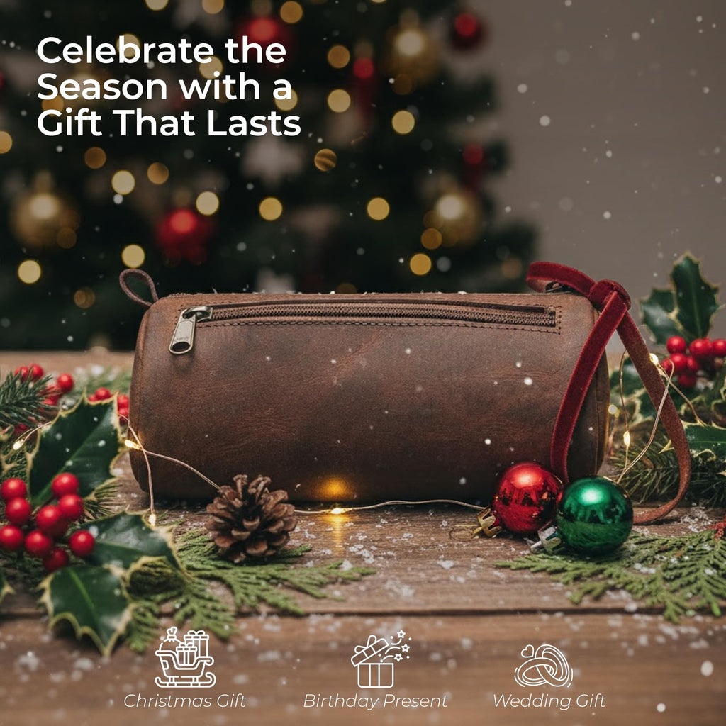 Wanderings Small Triangle Leather Pencil Pouch – 8.5" / 21.6 cm – Handcrafted Full-Grain Leather Zipper Case – Compact Brown and Stylish Pencil Case for Artists, Travel Makeup, Jewelry, and Purse Bag