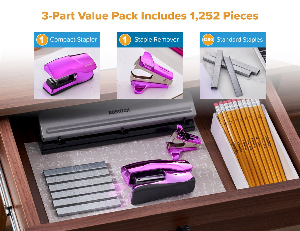 Bostitch Office Heavy Duty 40 Sheet Stapler with 1250 Staples & Claw Remover, Small Stapler Size, Fits into The Palm of Your Hand, Value Pack, Metallic Purple (B175-PURPLEM-VP)