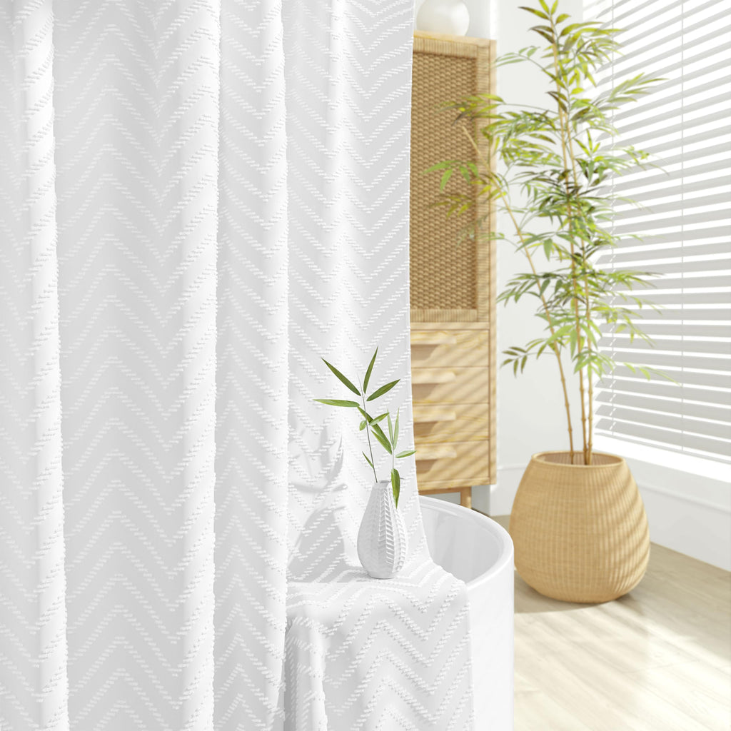 Dynamene Boho Farmhouse Shower Curtain, White Fabric Tufted Chevron Striped Textured Tassel Shower Curtains for Bathroom, Water Repellent, Minimalist Ruffled Cloth Shower Curtain Set with Hook, 72x72