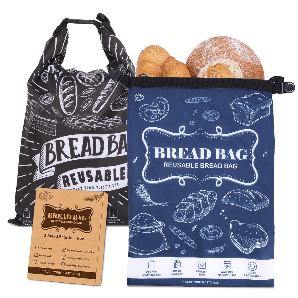 Bread Bags, 2 Packs Bread Bags for Homemade Bread, Reusable Sourdough Storage Bag With Zipper, Large Freezer Container to Keep Bread Fresh (Black, L)
