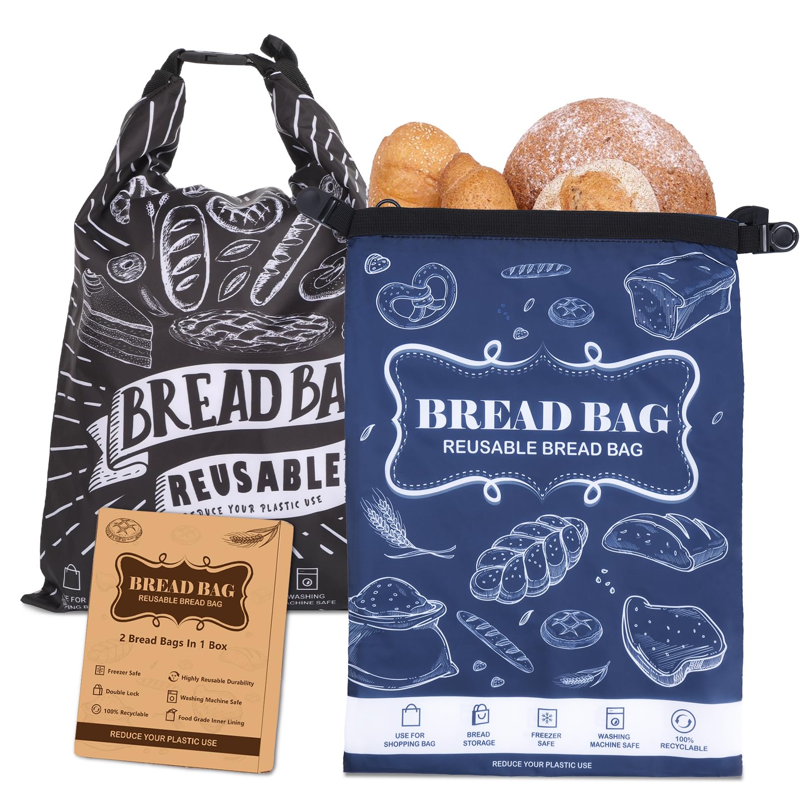 Bread Bags, 2 Packs Bread Bags for Homemade Bread, Reusable Sourdough Storage Bag With Zipper, Large Freezer Container to Keep Bread Fresh (Black, L)