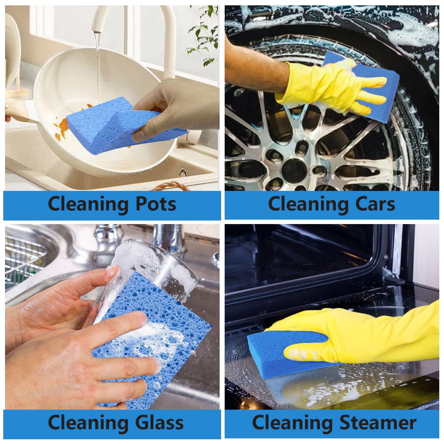 Cellulose Sponges, Large Size 4" x 6" x 1" - Heavy Duty Scrub Kitchen Sponge, Clean Tough Messes Without Scratching Kitchen Cleaning Pads, Pop Up Eco DIY (6 Pack), Blue