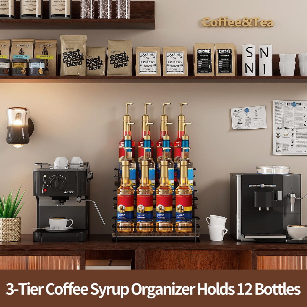 Nuovoware Coffee Syrup Organizer, 3-Tier 12 Bottles Separable Metal Rack with Wooden Base Whiskey Wine Dressing for Countertop Kitchen Bar, Black