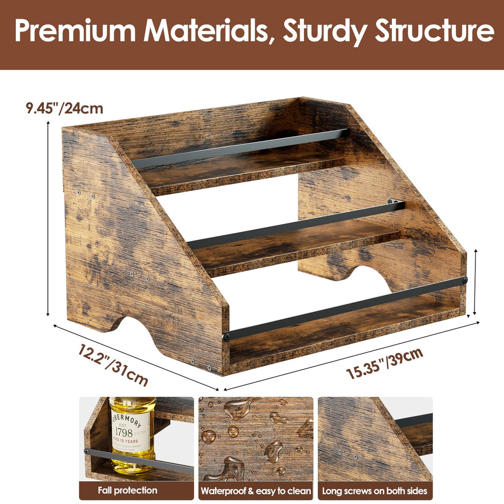Nuovoware Liquor Bottle Display Shelf, Coffee Syrup Organizer, 3 Step Countertop Liquor Wine Rack, Home Retro Shelf Stand for Mini Bar, Cabinet, Bar Essentials for Whiskey, Spirits, Wooden