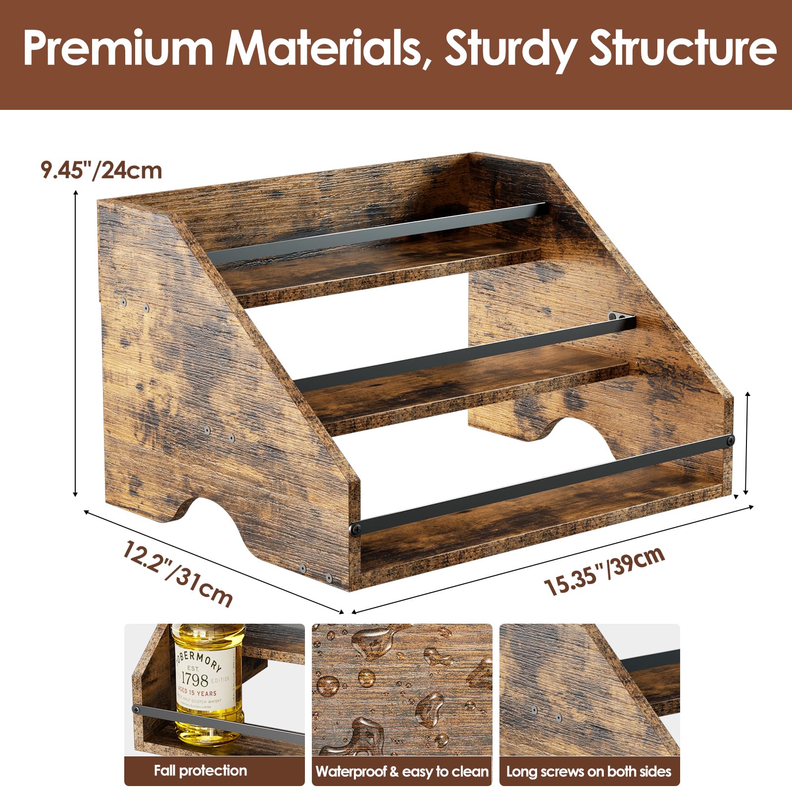 Nuovoware Liquor Bottle Display Shelf, Coffee Syrup Organizer, 3 Step Countertop Liquor Wine Rack, Home Retro Shelf Stand for Mini Bar, Cabinet, Bar Essentials for Whiskey, Spirits, Wooden