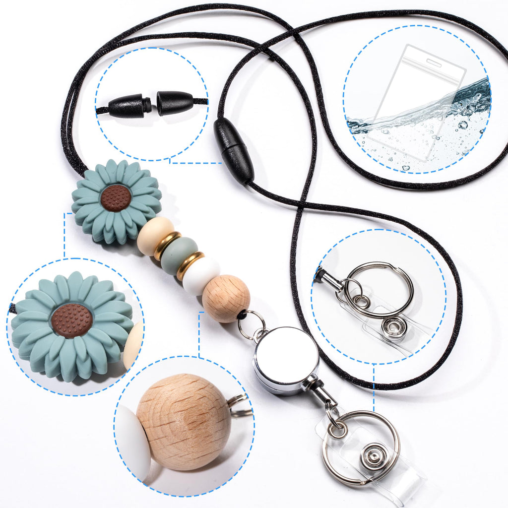 Qoroos 9 in 3 Sets Retractable Teacher Lanyard for ID Badges and Keys Breakaway Lanyard with ID Holder Sunflower Cute Beaded Lanyard Badge Silicone, Gift for Teacher Women Nurse
