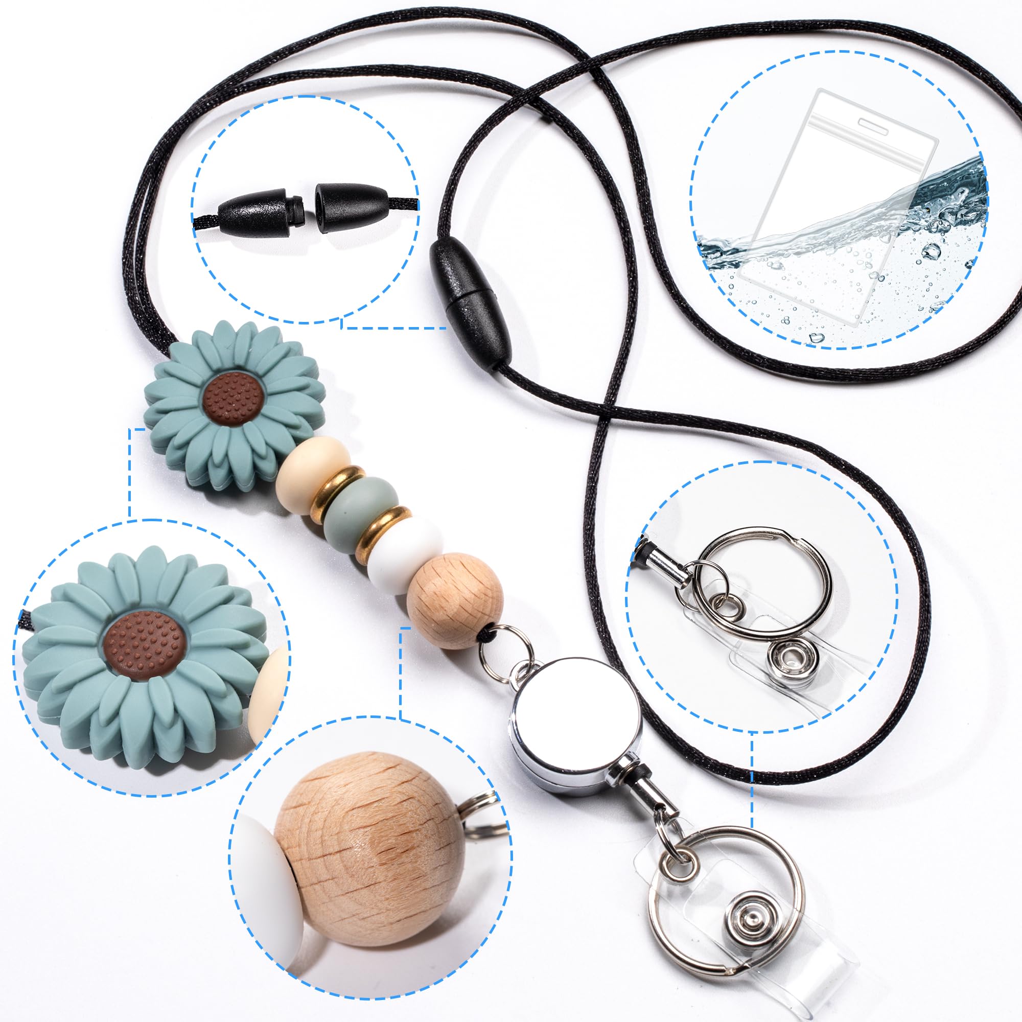 Qoroos 9 in 3 Sets Retractable Teacher Lanyard for ID Badges and Keys Breakaway Lanyard with ID Holder Sunflower Cute Beaded Lanyard Badge Silicone, Gift for Teacher Women Nurse
