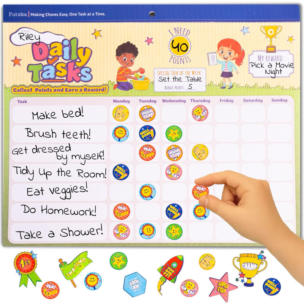 PUTSKA Behavior Reward Chart for Kids – Includes 26 Chore Charts & 1528 Stickers – Magnetic Chore Chart for Multiple Kids at Home to Build Responsibility & Positive Habits (Reward Chart)