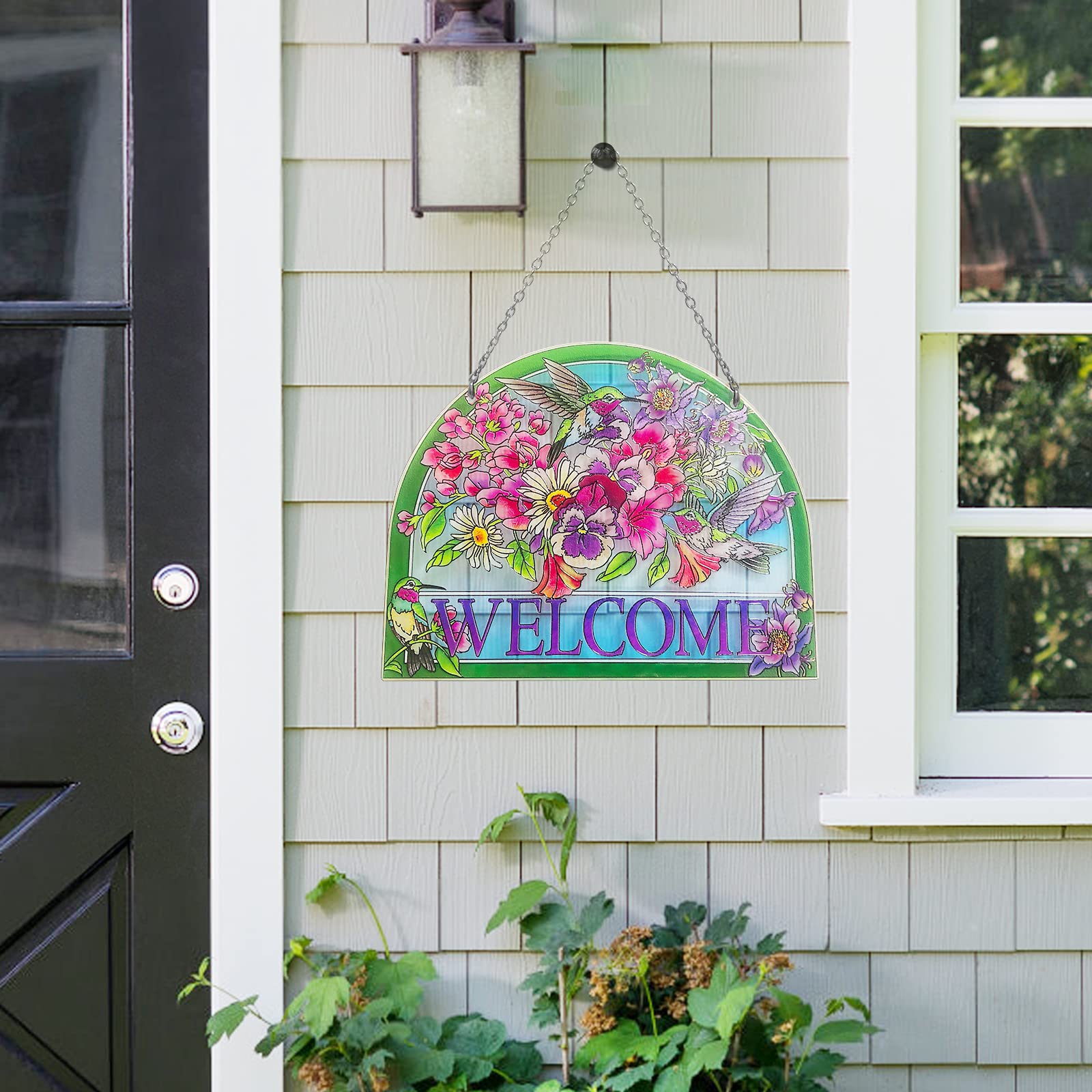 Welcome Hummingbird Sun Catcher - Hummingbird Stained Glass Suncatchers - Welcome Sign Hummingbird Decor, Vibrant Flowers Window Hanging, 7.8’’*6.5’’ Stained Glass Birds with Suction Cup