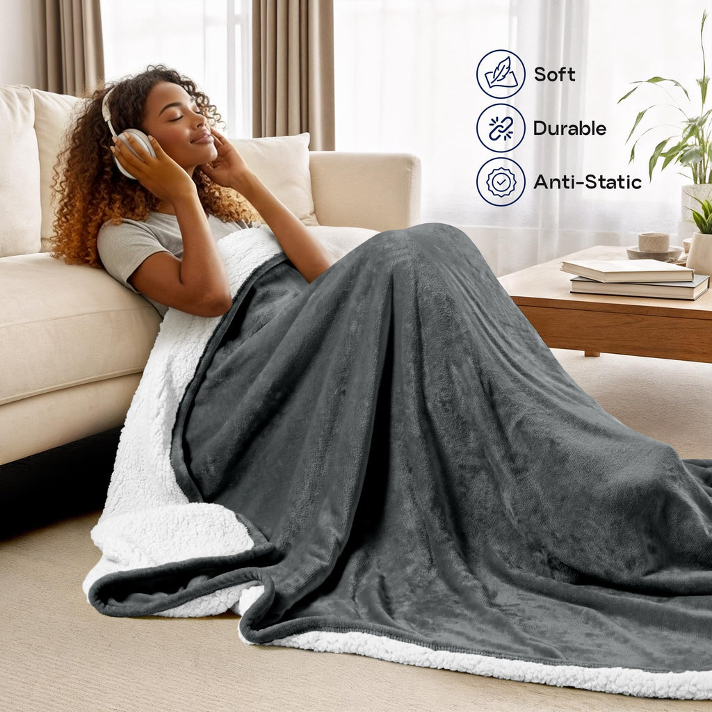 Utopia Bedding Sherpa Blanket Queen Size [Grey, 90x90 Inches] - Soft Lightweight Plush Fleece Reversible Blanket for Bed, Sofa, Couch, Camping and Travel