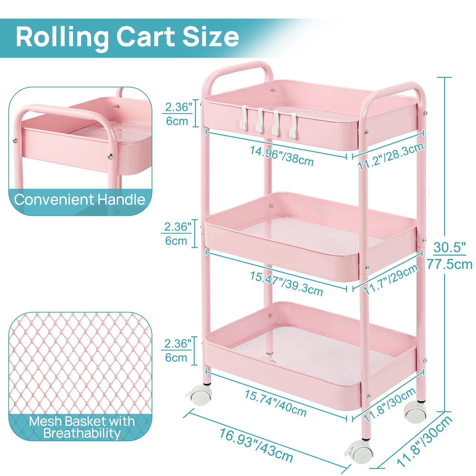 3 Tier Metal Rolling Cart with Wheels, Utility Storage Cart with Handle and Lockable Casters, Storage Basket Organizer Shelves, Easy Assemble for Kitchen, Living Room, Office, Nursery, White (Pink)