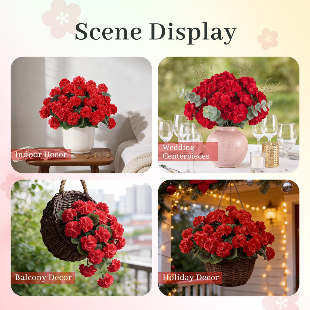 Der Rose 6 Pack Red Artificial Flowers Geraniums for Outdoors Fake Outdoor Flowers UV Resistant for Window Box Porch Patio Garden Decor