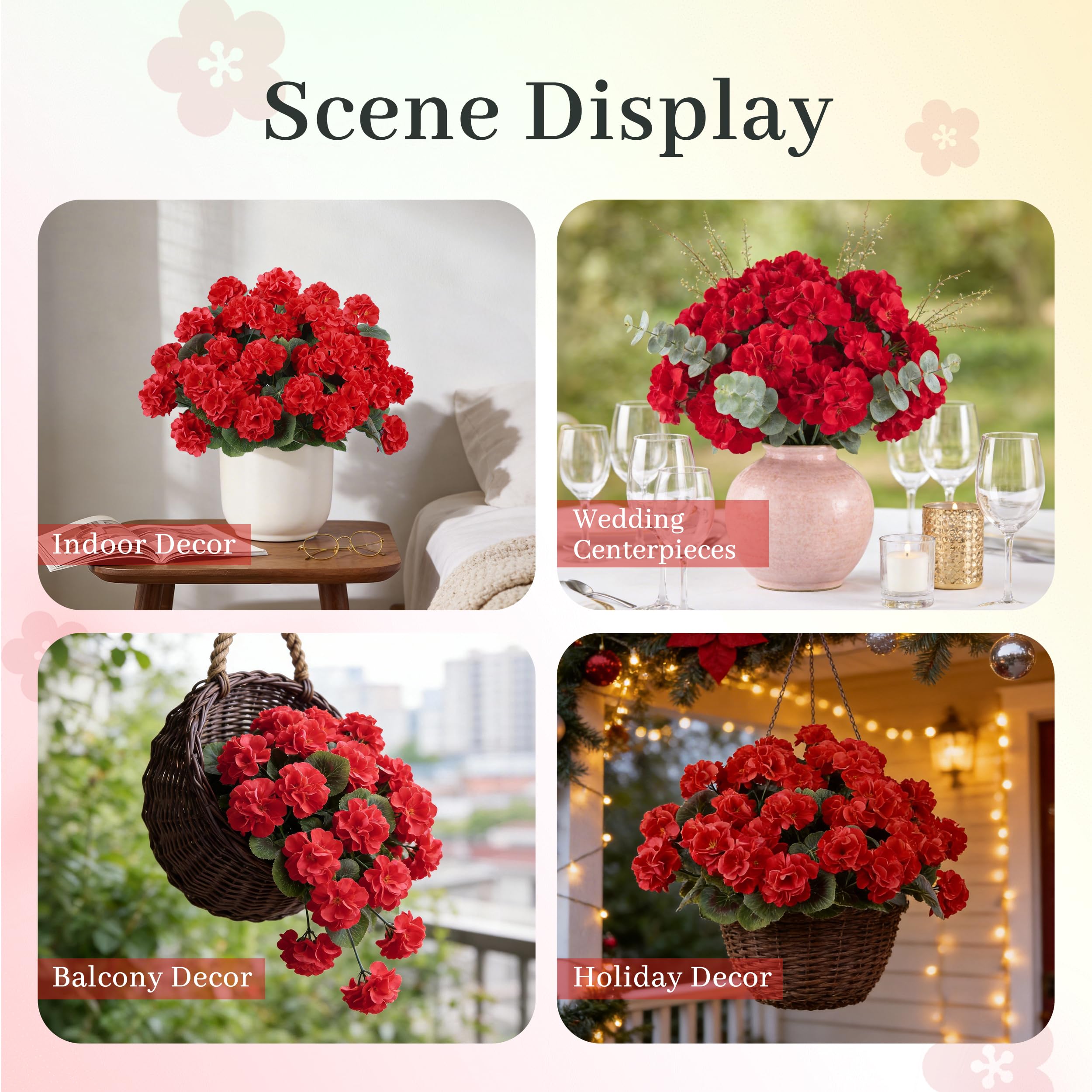 Der Rose 6 Pack Red Artificial Flowers Geraniums for Outdoors Fake Outdoor Flowers UV Resistant for Window Box Porch Patio Garden Decor