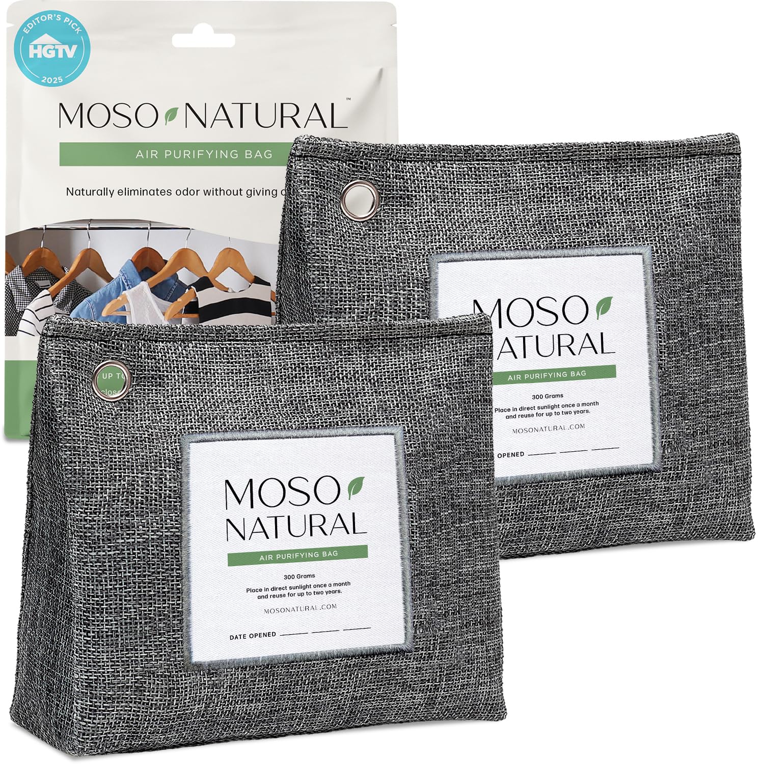 Moso Natural Air Purifying Bag 300g (10.58oz) Premium Bamboo Charcoal Odor Absorber for Home & Pet | Closet Odor Eliminator & Small Room Deodorizer | Charcoal Bags Last 2 Years | Unscented (2 Pack)