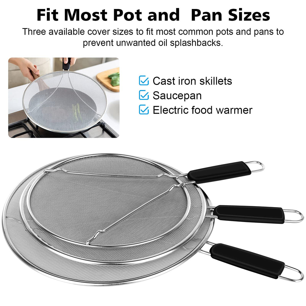 Splatter Screen for Frying Pan - 9.8" 11.4" 13" Grease Splatter Guard Hot Oil Splatter Guard, Stainless Steel Fine Mesh Splash Guard with Resting Feet for Cooking to Prevent Oil Splatter