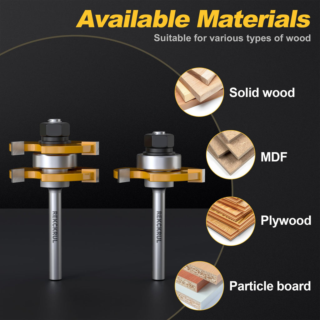 REKCKRUL 2 PCS Tongue and Groove Router Bit Set, 1/4 Inch Shank, 3 Teeth Adjustable T-Shape Wood Milling Cutter for Cabinets, Flooring, and Woodworking