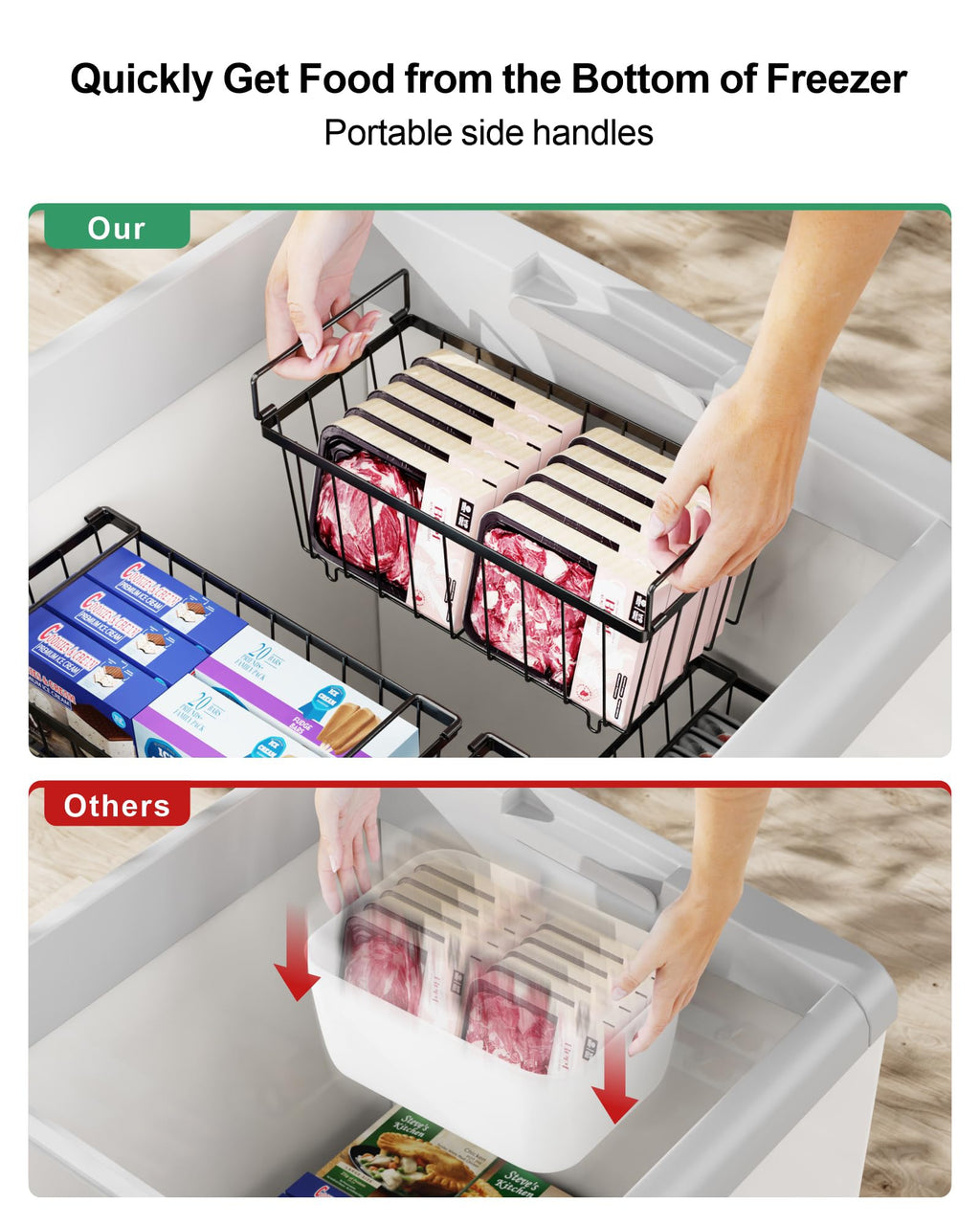 iSPECLE Chest Freezer Organizer for 5 to 7 Cu.Ft Deep Freezer, 4 Pack Stackable Wire Baskets to Sort Frozen Food, Storage Bins with Handles for Single Column Stacking, Black