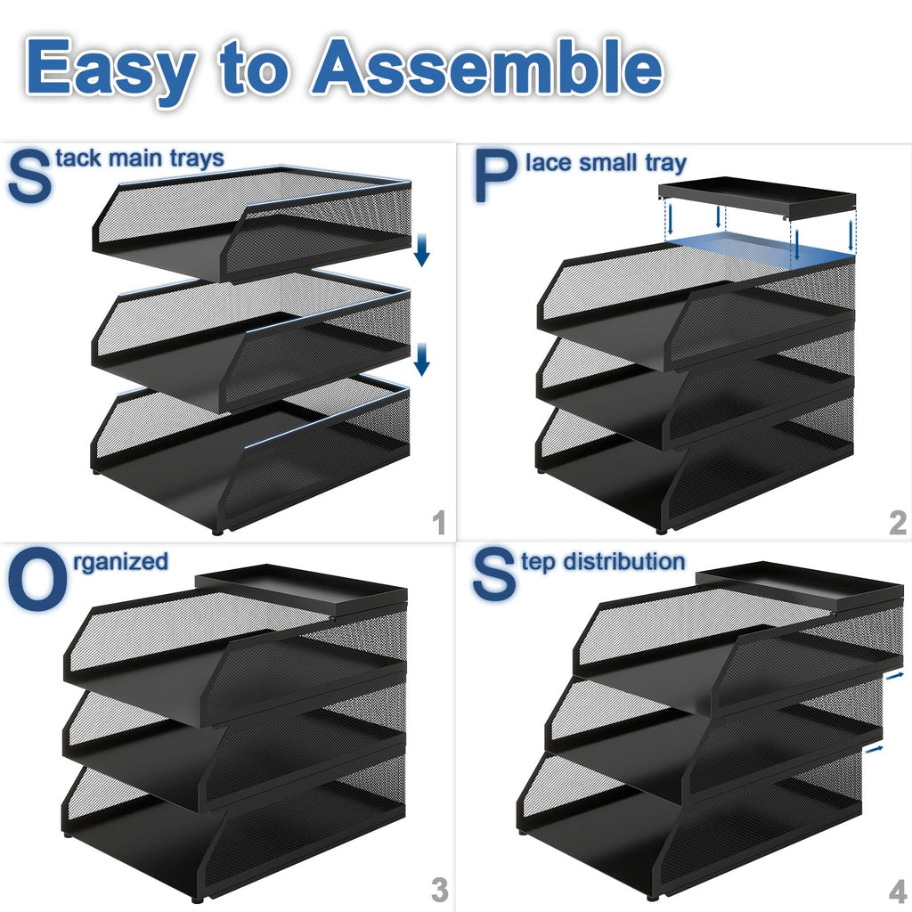 Natwind 3-Tier Stackable Paper Tray, Metal Mesh Desktop Organizer, Paper Sorter, Letter Trays,File Document Storage Rack for for Home, Office, School (Black)