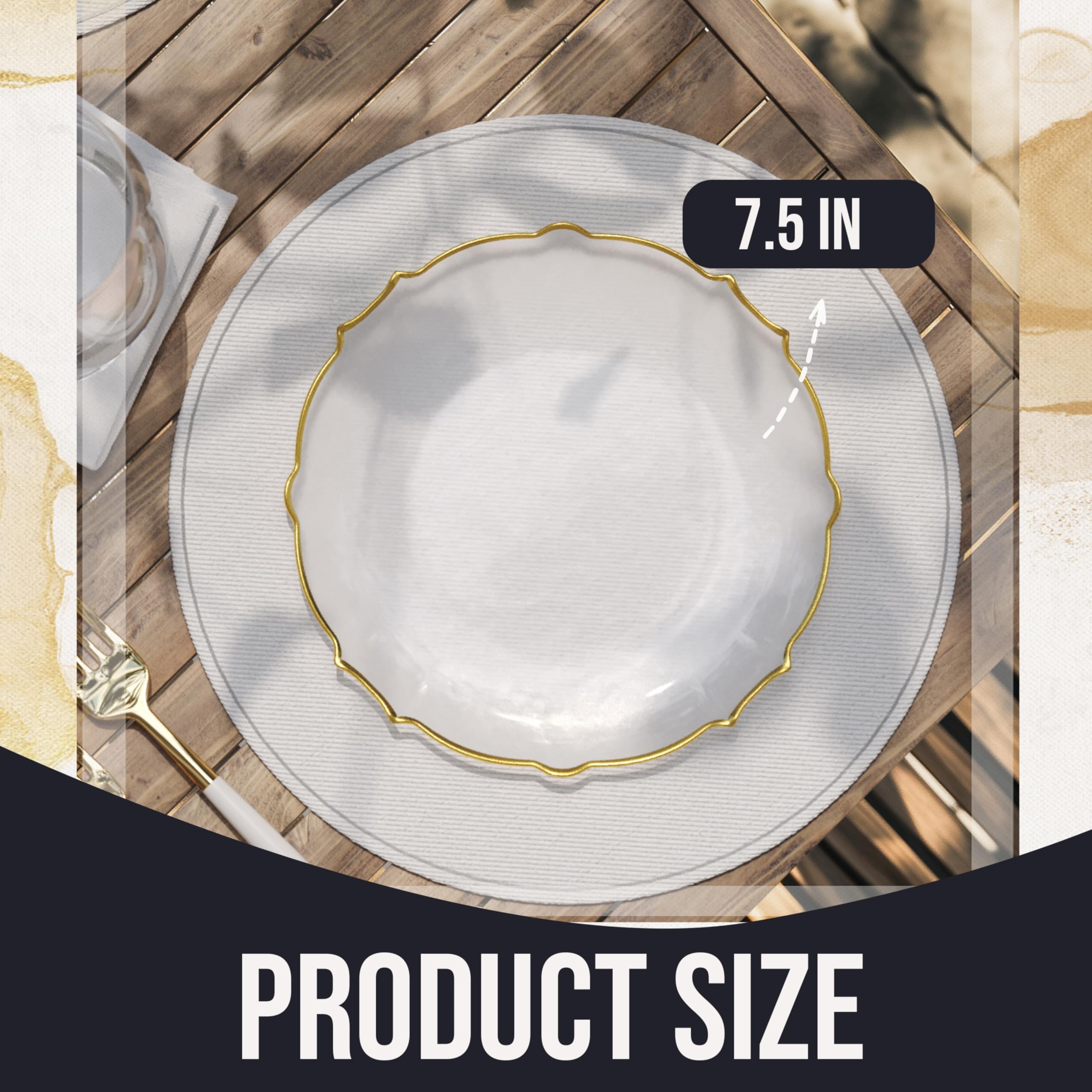 Exquisite Elegant 40 pcs Dinner Plates - 7.5 inch Gold Rimmed Plastic Dessert Plates - Fancy, Clear, Disposable for Parties
